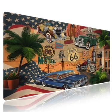 Imagem de Wknoon. Tapete de mouse extragrande para jogos (80 cm x 30 cm) – Celebração da rota histórica 66 e motocicleta de carros retrô em um mapa Road Trip Vintage Americana, Tapete de mesa XXL com bordas