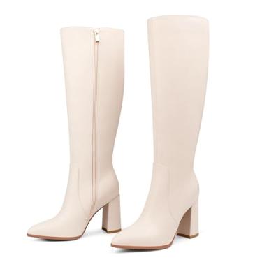 Imagem de COLETER Botas femininas cano alto bico fino botas Gogo grossas com zíper bloco salto alto, Off-white, 40