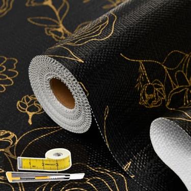 Imagem de Forros de prateleira para armários de cozinha 44,5 cm × 30 FT forro de gaveta não adesivo floral preto forro de prateleira espesso papel forte antiderrapante fácil de limpar para caixa de ferramentas