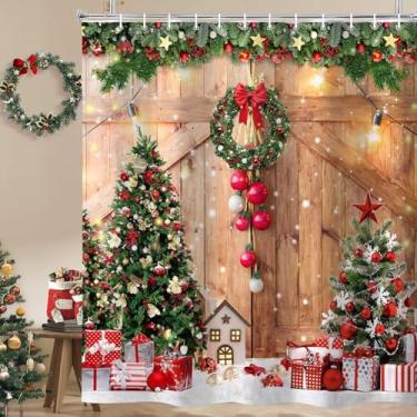 Imagem de Hjokiupt Cortina de chuveiro de Natal para banheiro, árvore de Natal de inverno, decoração de casa, cortinas de banho de madeira para porta de celeiro, floco de neve vintage country, 183 x 213 cm