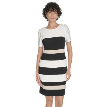 Imagem de Tommy Hilfiger Minivestido feminino listrado de manga curta com bainha de crepe, Marfim/preto/cáqui, 42