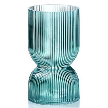Imagem de Vaso de ampulheta de vidro de 19 cm - Vasos de flores verdes com nervuras para velas flutuantes, centros de mesa, decoração de recepção de casamento - Suporte de vela furacão para decoração de casa
