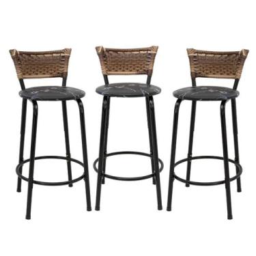 Imagem de Kit 3 Banquetas Para Balcão 60cm Preta Junco Cappuccino Balcão Bistrô 