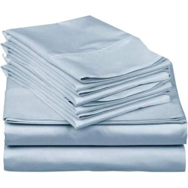 Imagem de Mattress-Homes Jogo de cama queen size de 6 peças com 4 fronhas, lençóis 100% algodão ultramacios, tecido acetinado refrescante, conjunto de lençóis de cama luxuosos, azul claro liso