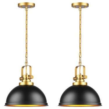 Imagem de Mgcanyu Pacote com 2 luminárias pendentes de ouro preto, luzes pendentes de metal para casa de fazenda, moderna, fosca, preta, cúpula, luminária, industrial, para cozinha, ilha, restaurante, sala de