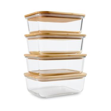 Imagem de Kit 4 Potes Marmita de Vidro Retangular com Tampa Hermética De Bambu 370ml