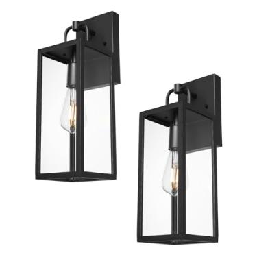 Imagem de Diyel Luzes de arandela de parede externa, luminárias de parede externa de transição de 40,6 cm de altura com vidro transparente, lanternas externas pretas modernas antiferrugem para casa, varanda