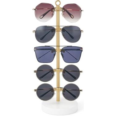 Imagem de Dahey Organizador de óculos de sol, armação de metal, suporte antiarranhões, com bandeja de madeira para exibição de armazenamento de óculos, até 5 pares de óculos para mesa, cômoda, quarto, mesa de