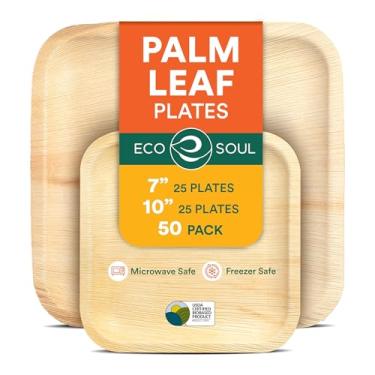 Imagem de ECO SOUL Placas quadradas compostáveis de folhas de palmeira de 17 e 25 cm (50 unidades) como placas de bambu | biodegradáveis | ecológicas, seguras para micro-ondas e forno - pacote de festa