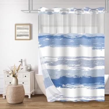 Imagem de CTOTSYC Cortina de chuveiro sem gancho com conjunto de forro de encaixe, azul marinho e branco listrado estética minimalista design abstrato, cortina de tecido lavável à prova d'água com janela