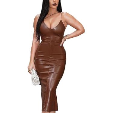 Imagem de Mulheres Sexy Couro Alças Finas Vestidos Corte Baixo Sem Mangas Sem Costas Fenda Bainha Festa Coquetel Clube Midi Bodycon Vestido, Brown, S