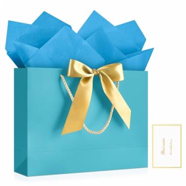 Imagem de JMANNI 1 bolsa de presente grande com fita e 1 cartão de felicitações, 2 papéis de seda, bolsa de presente de papel portátil com alças, sacolas de presente de aniversário, sacolas de presente para