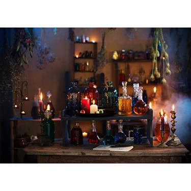 Imagem de BELECO Tecido de 1,5 x 0,9 m com tema de bruxa poções mágicas pano de fundo Halloween casa de bruxa acesa velas para sala mágica fundo de fotografia tema de feiticeiro suprimentos de festa decoração