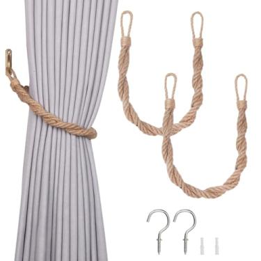 Imagem de NICEEC Pacote com 2 laços de cortina de corda de juta natural elegante estilo boho decoração drapeada costas de amarrar corda dupla macia tecido à mão com gancho de metal para cortinas de casa e