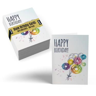 Imagem de Cartões de Feliz aniversário, pacote com 100, 10 x 15 cm, design divertido de capa de balão, interior em branco, da Better Office Products, com Envelopes, pacote com 100
