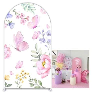 Imagem de KONPON Capas de pano de fundo de tecido de arco de borboleta rosa tema de primavera capa arqueada elástica para meninas aniversário chá de bebê decoração de festa suprimentos (sem suporte!)