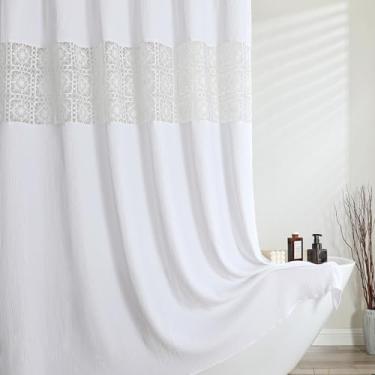 Imagem de OVZME Cortina de chuveiro branca extralonga de 96 polegadas de comprimento, cortinas de chuveiro farbic texturizadas enrugadas com corte bordado, macio, pesado, lavável à máquina, decoração de