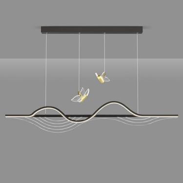Imagem de Lustre moderno LED luzes pendentes ilha de cozinha lustre linear 36W regulável LED tira longa teto pendurado lâmpada nórdico grande borboleta lustre para sala de jantar restaurante bar, escu