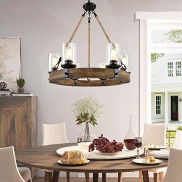 Imagem de Lustre vintage rústico de madeira com roda de carroça de fazenda com abajures de bolha de vidro de cristal 24,8 polegadas luz pendente para ilha de cozinha e sala de jantar