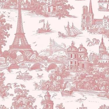 Imagem de Papel de parede rosa vintage paisagem da cidade francesa Buidling Voyage Peel and Stick Papel de parede de contato Vintage Vinil Stick em papel de parede para quarto, banheiro, armário de cozinha