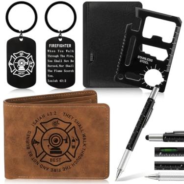 Imagem de SilTriangle 4 peças de presente de bombeiro para homens, inclui carteira marrom retrô 6 em 1, caneta multiferramentas, chaveiro retrô, cartão de crédito 11 em 1, multiferramentas, presentes de pai