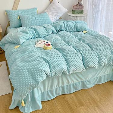 Imagem de Conjunto de capa de edredom de veludo estilo princesa com borlas, jogo de cama macio e quente, fecho de zíper, capa de edredom reversível para inverno amarelo de 1,5 m (lençol com elástico azul claro