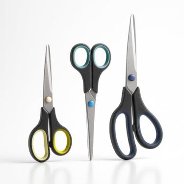 Imagem de Kit 3 Tesouras Multiuso Aço Inox – Escolar, Escritório, Cozinha e Costura – Tamanhos Pequeno, Médio e Grande – Cortes Precisos e Durabilidade Profissional (Cores Sortidas)