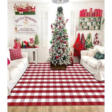 Imagem de Ckorzen Tapete xadrez vermelho e branco, 20 x 25 cm, tapete de Natal para varanda externa, tapete lavável de algodão tecido à mão para tapetes de porta em camadas, entrada de férias e decoração de