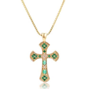 Imagem de Fohufo Colar de cruz banhado a ouro para mulheres – Colar de cruz de trevo banhado a ouro 14K, presentes cristãos para mulheres, confirmação de batismo, aniversário, presente de Natal, 16.9 inches