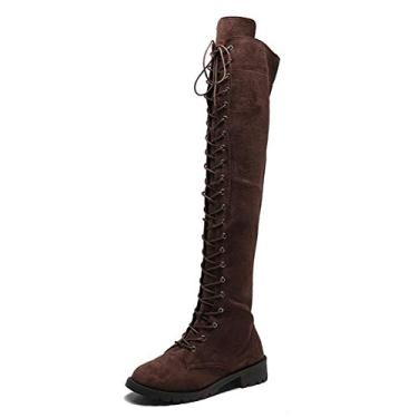 Imagem de Bigfanshu Botas femininas acima do joelho 2021 moda feminina estilo romano sapatos quentes de inverno sexy e slim plus size, Marrom, 38 BR