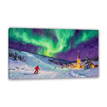 Imagem de Merry Christmas Canvas Wall Art Decor Night View of ski resort with green aurora Prints Winter Decoration Paintings Posters Christmas Pictures Home Wall Decorations50x85cm (50.8x83.8 cm) Moldura