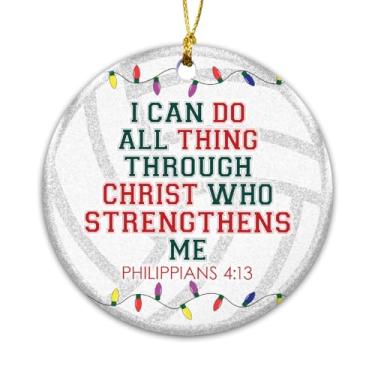 Imagem de Enfeite de cerâmica de árvore de Natal de voleibol religioso | Filipenses 4:13 | Cristão de softball, presente para jogador de softball, ornamento cristão de softball, decoração de árvore de Natal