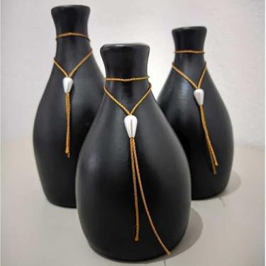 Imagem de Kit Trio 3 Vaso Decorativo Garrafa Kit DecoraçãO CerâMica Sala Mesa Cozinha Banheiro Jarros Decorativos Para Sala(PRETO C/COLAR GOTA PEROLA)