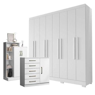 Imagem de Guarda Roupa Casal Porto 8 Portas 4 Gavetas com Cômoda Sapateira Milão e Armario Multiuso 4 portas Branco Brilho - Aramóveis