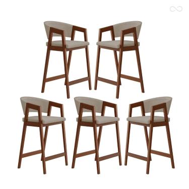 Imagem de Kit 5 Banquetas Alta com Encosto Ravena Madeira Maciça Maciça Pinhão Suede Bege CCS
