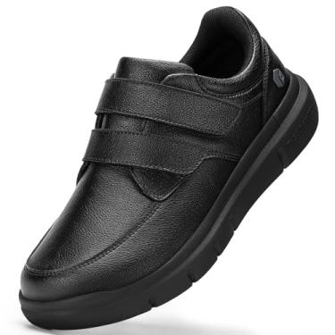 Imagem de FitVille Sapatos masculinos de caminhada extra largos, sapatos de negócios de couro confortáveis com gancho e laço, sapatos ortopédicos para diabéticos, tênis social para edema e pés inchados, Preto