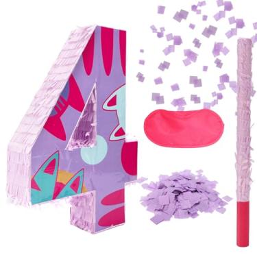 Imagem de Conjunto Pinhatas com Número Gato, Pinhata Aniversário com Tema Bastão Bater Tapa Olho Pedaços Papel Decorações Festa de Aniversário Fáceis de Pendurar para Meninos Meninas (Número 4)