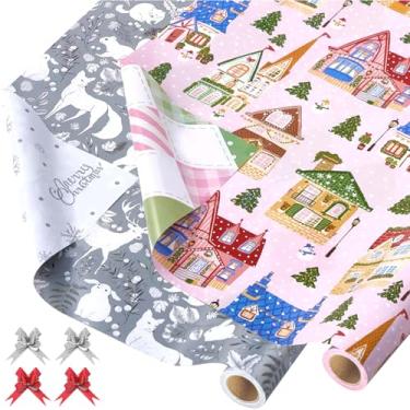 Imagem de EWES Conjunto de papel de embrulho de Natal vintage, rolos engraçados, Papai Noel, para crianças, lindos desenhos animados, gnomo grosso, folhas de embrulho para presente, exclusivo, reversível