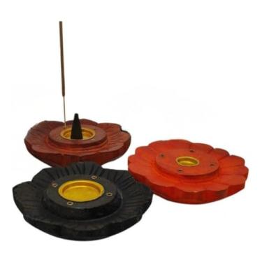 Imagem de Kit 3 Incensários Porta Incenso Madeira Flor - Vareta E Cone