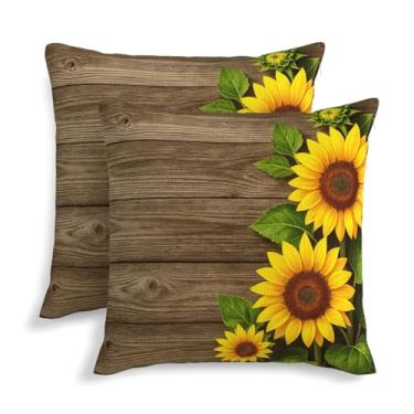 Imagem de KiuLoam Capas de almofada vintage de girassol de madeira 45,7 x 45,7 cm, conjunto de 2 almofadas decorativas rústicas para ambientes externos neutros para decoração de sofá-cama
