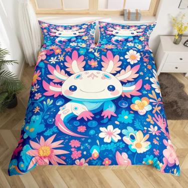 Imagem de Erosebridal Lindos conjuntos de cama Axolotl tamanho solteiro tema animal fantasia azul capa de edredom azul estampa axolote desenho animado oceano animal axolote roupa de cama