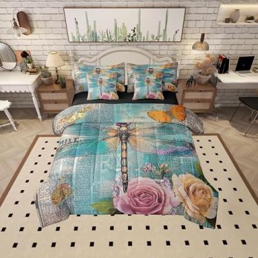 Imagem de Jogo de cama King com estampa de libélula, 7 peças, folhas de flores rústicas, edredom com edredom, plano, lençol com elástico, fronhas, fronhas, capa de travesseiro, vintage com estampa de jornal