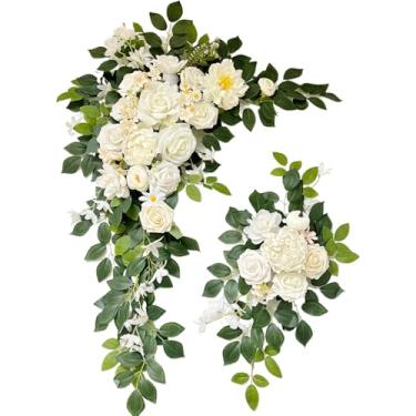 Imagem de Odouzy Pacote com 2 arcos de casamento, flores artificiais, decoração de casamento, guirlanda de flores, adequado para banquete, festa, recepção, placa de boas-vindas e decoração de fundo (branco
