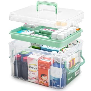 Imagem de Caixa organizadora de medicamentos transparente de 15 litros com alça e bandeja - Caixa de primeiros socorros vazia de plástico espesso, recipiente médico multiuso com tampas/etiquetas, organizador de