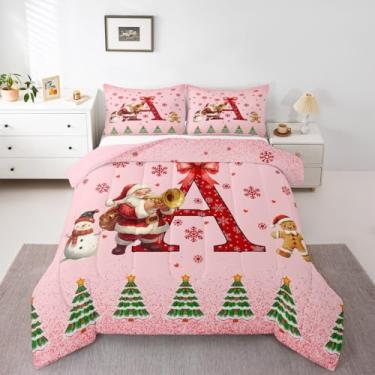 Imagem de Feelyou Conjunto de edredom de Natal rosa, solteiro, com laço de Natal, boneco de neve, floco de neve, papai noel, para crianças, meninos, meninas, com inicial personalizada, 2 peças com 1 fronha