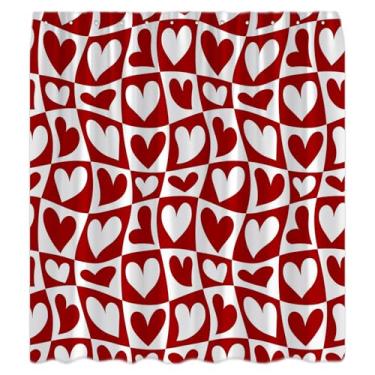 Imagem de KDYDK Cortina de chuveiro vermelha e branca com coração do amor, xadrez, doce, amante, abstrata, geométrico, romântico, casal, casamento, decoração de casamento, conjunto de cortinas de banheiro com
