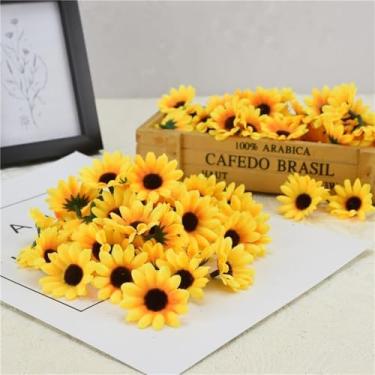 Imagem de 100 peças de flores de girassol artificiais amarelas, cabeça de flor de simulação falsa para decoração de bolo de festa de casamento, mini flores de tecido decorativo de girassol falso, produtos de