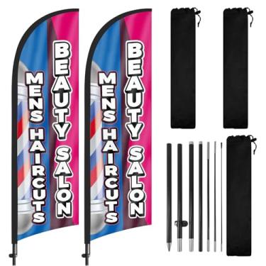 Imagem de Bandeira de barbeiro, bandeira de penas publicitária de salão de beleza, bandeira de penas de salão de cabeleireiro com kit de mastro e estaca de solo, placa publicitária de 2 m para barbearia, salão