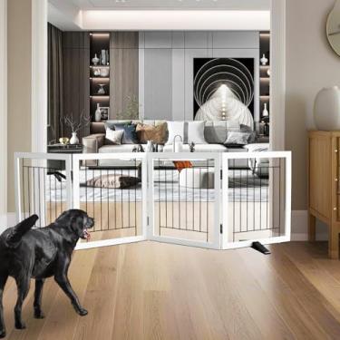 Imagem de ZJSF Portão interno independente para cães, cerca dobrável para portas, corredores ou escadas, portão extra largo de madeira resistente para animais de estimação com pés de apoio, branco, 61 cm de