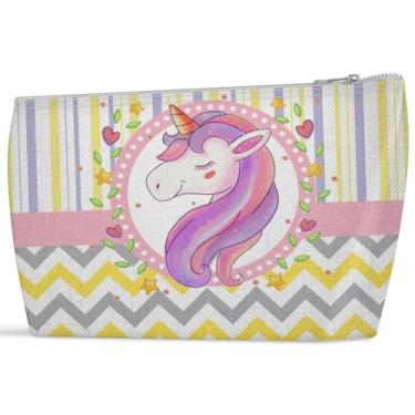 Imagem de Necessaire Infantil Unicórnio Mágico, Estampa Colorida com Listras, 19x14cm (P) e 28x18cm (G), Bolsa com Zíper para Material Escolar (G)
